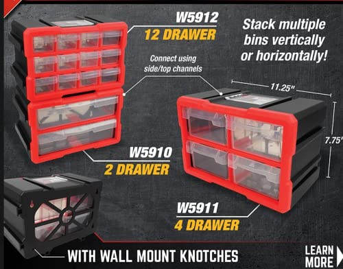 Performance Tool W5910 2-Drawer Interlocking Bin Design with Transparent Drawers for Tool Storage - Stackable, Wall Mountable - 11.25-Inch W x 6.25-Inch D x 7.75-Inch H