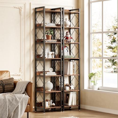 LITTLE TREE Book Shelf Set of 2, 7-Tier Tall Bookcase, Wooden Display Shelves with Metal Frame for Living Room, Modern Narrow Standing Bookshelves for Bedroom, Brown Office Shelf for Small Spaces