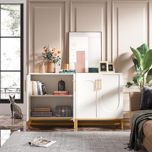 LITTLE TREE Modern Sideboard Buffet with Adjustable Shelf, 4 Doors Storage Cabinet with Faux Marble Top Metal Frame for Living Room Kitchen Dining Room Hallway, White Gold