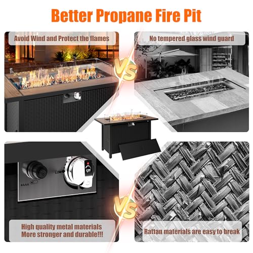 45 inch Propane Fire Pit Table, 50,000 BTU Outdoor Gas Fire Pit Table with Lid, Glass Wind Guard, Waterproof Cover, Rectangle Gas Firepit Table for Garden/Patio(Walunt)