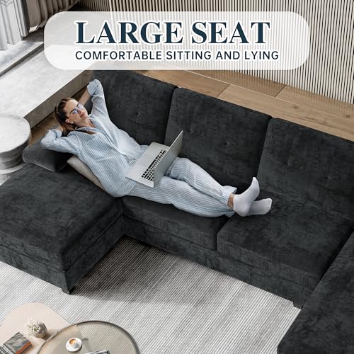 Shintenchi U-Shaped Sectional Couches for Living Room, 4 Seat Sofa with Double Chaise Lounges,Solid Wood Frame Sectional Sofa for Apartment,Black