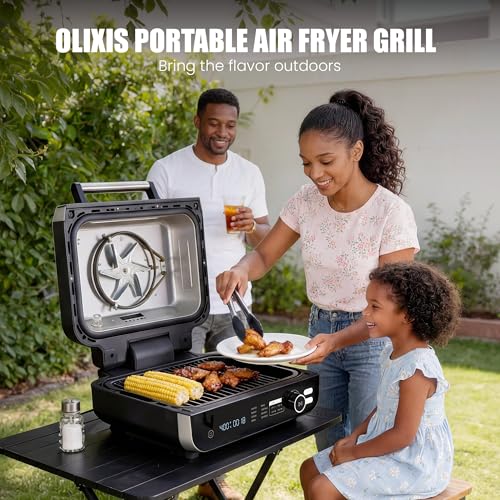 OLIXIS Electric Grill Outdoor/Indoor, 8-in-1 Multifunctional Large Electric BBQ Grill for Air Fry, Bake, Roast, Steak, Broil and Dehydrate, Safe Non-Stick Coating, Fry Basket Included