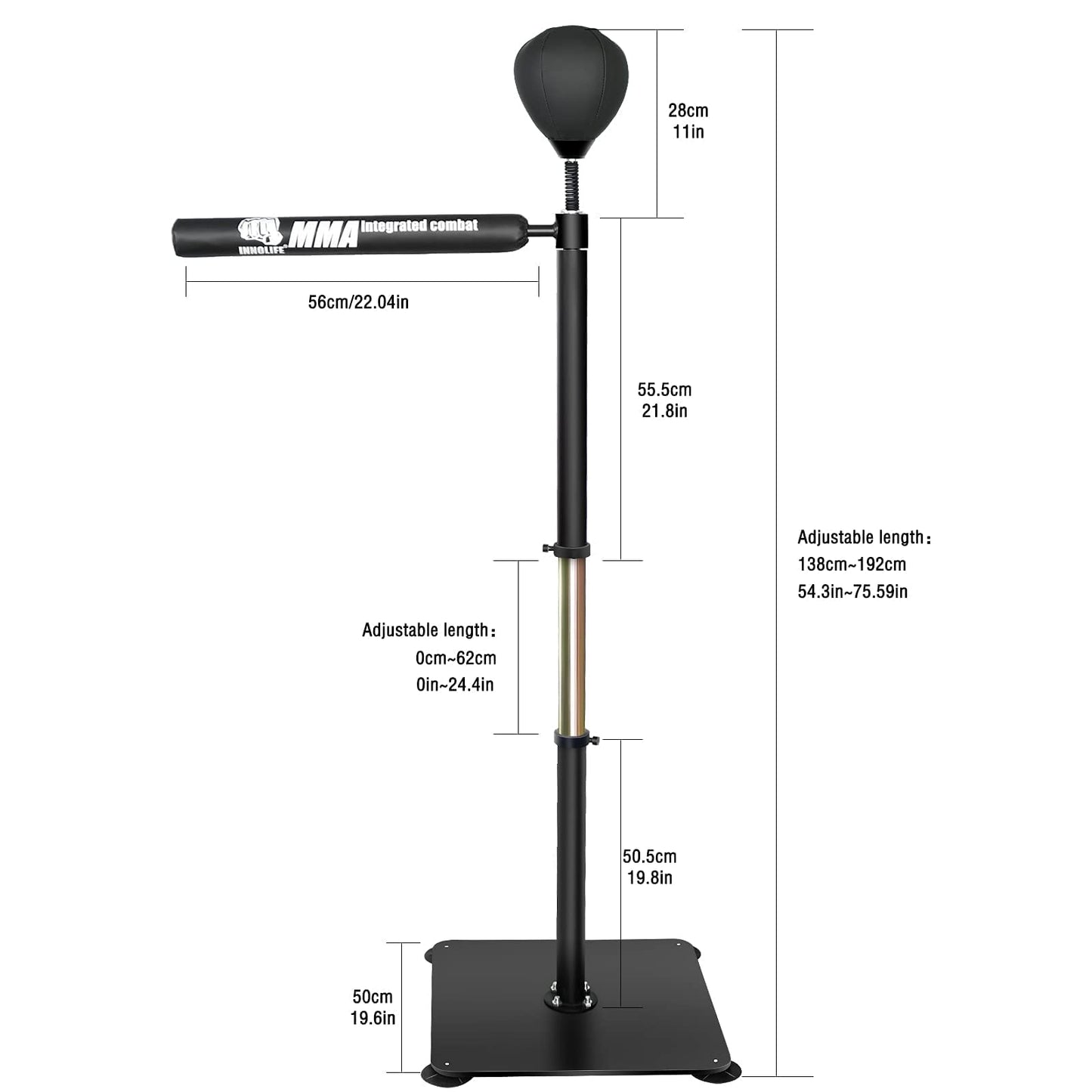 INNOLIFE Boxing Spinning Bar Heavy Duty Punching Speed Reflex Skills Training Free Standing Adjustable Height from 54"-75.5"
