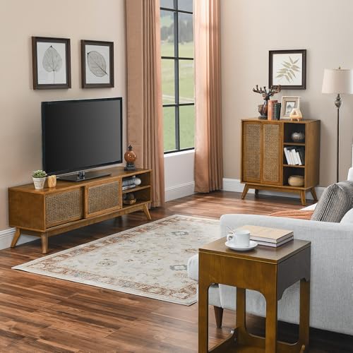 Ball & Cast 32" Mid Century Modern Rattan Sideboard Cabinet with 2 Sliding Doors, Buffet Cabinet w/Adjustable Shelf & Solid Wood Legs for Entryway, Living Room, Kitchen,Dining Room, Light Walnut