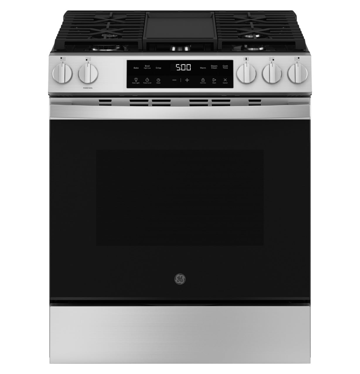 GE 30" Slide-In Front-Control Gas Range, 5.3 Cu. Ft. Oven, 5 Sealed Burners, Crisp Mode & Steam Clean, Stainless Steel – GGS500SVSS
