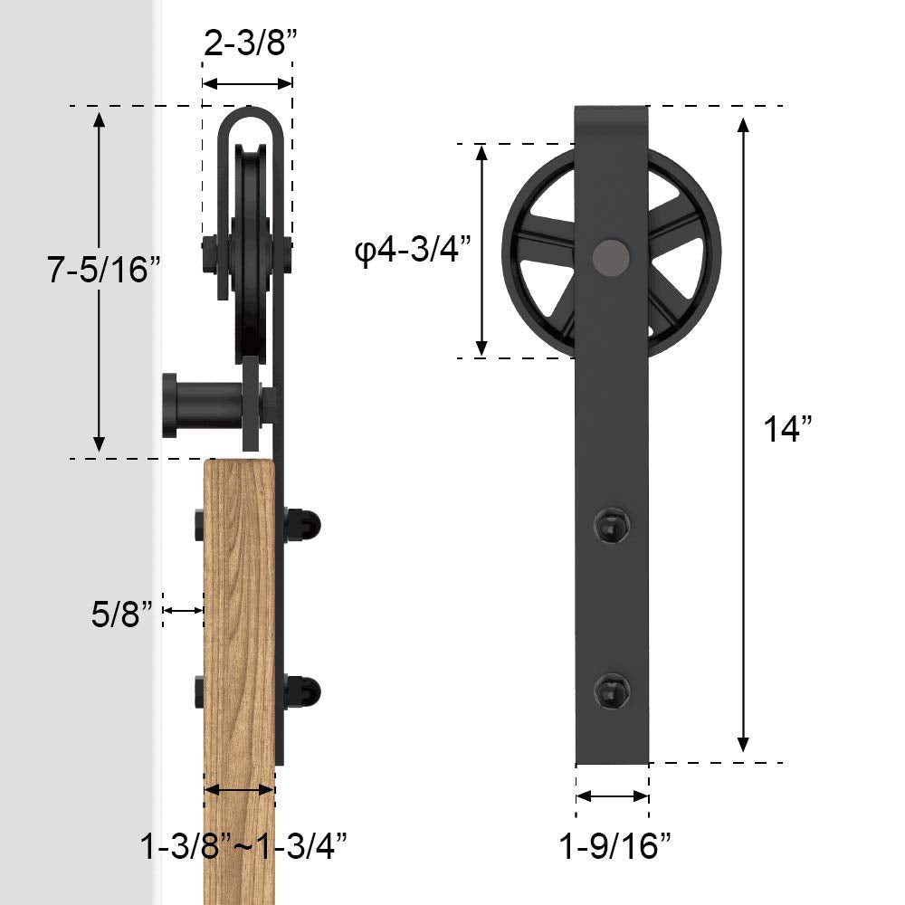 WINSOON 12FT Wood Double Sliding Barn Door Hardware Basic Black Big Spoke Wheel Roller Kit，5-18FT for Choose