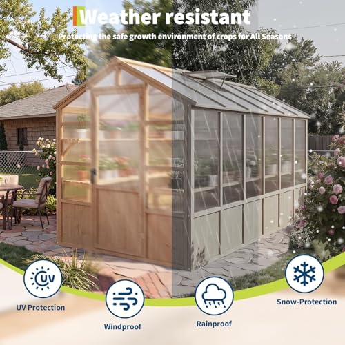 6X12 ft Outdoor Wooden Greenhouse with Lockable Door, Adjustable Roof Vent & Polycarbonate Panels, UV Protection, Large Cedar Wood Walk-in Green House for Garden, Backyard, Patio, Lawn, Light Brown