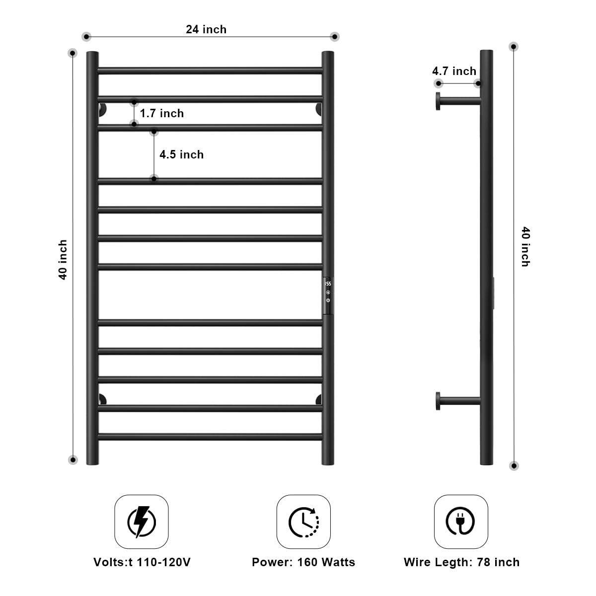 MENATT 12 Bars Heated Towel Warmer Racks Wall Mounted, Electric Heated Towel Rack for Bathroom,Towel Warmer Rack with Built-in Timer,Adjustable Temperature,Matte Black
