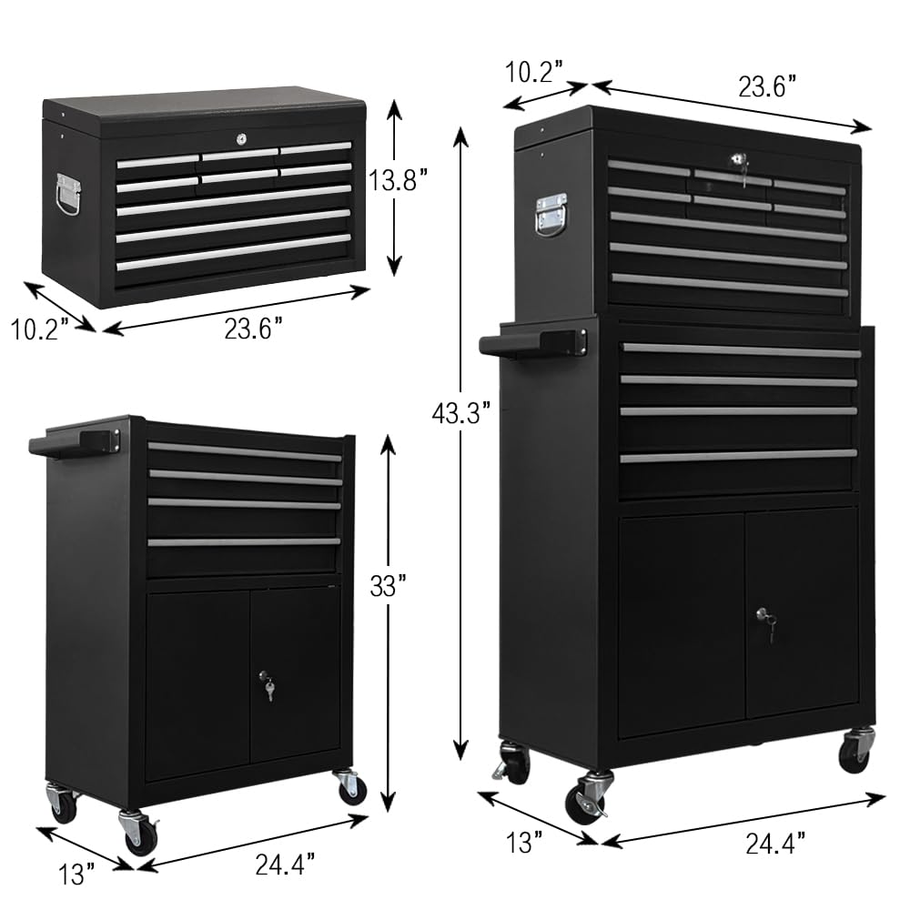 Tool Chest 13-Drawer with Double Door Handle,2 in 1 Detachable Rolling Tool Chests with Wheels and Drawers,Large Tool Box with Lock (Black)