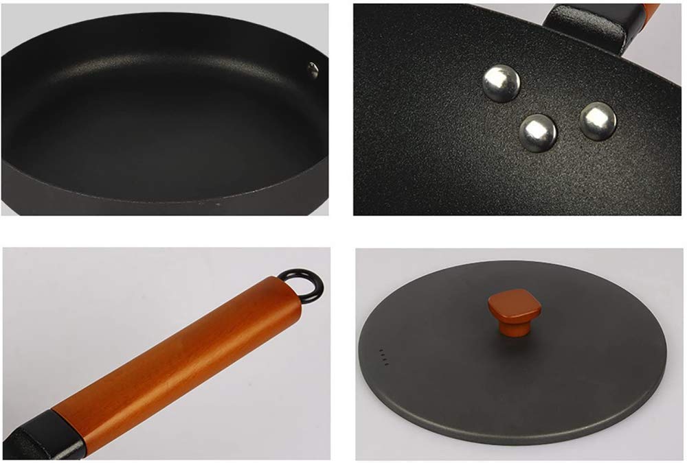 ELUKHT Non-Stick Cast Iron Cookware Set - Round Frying Pan, Wok, Stew Pot with Wooden Handle - Ideal for Household Cooking - 3-Piece (C)