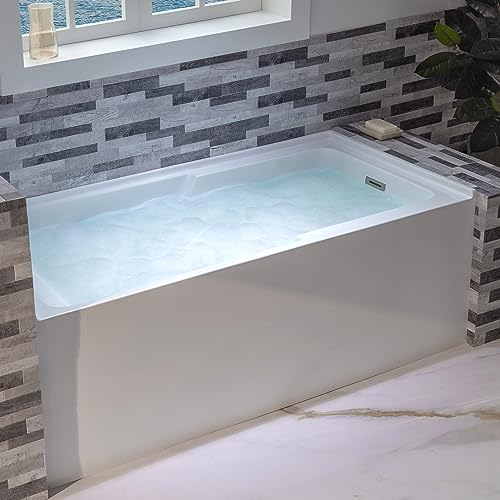 WOODBRIDGE 60" Acrylic Rectangular Alcove Soaking Bathtub in White with Right Drain, Brushed Nickel Pop-Up Drain Included BA6030R