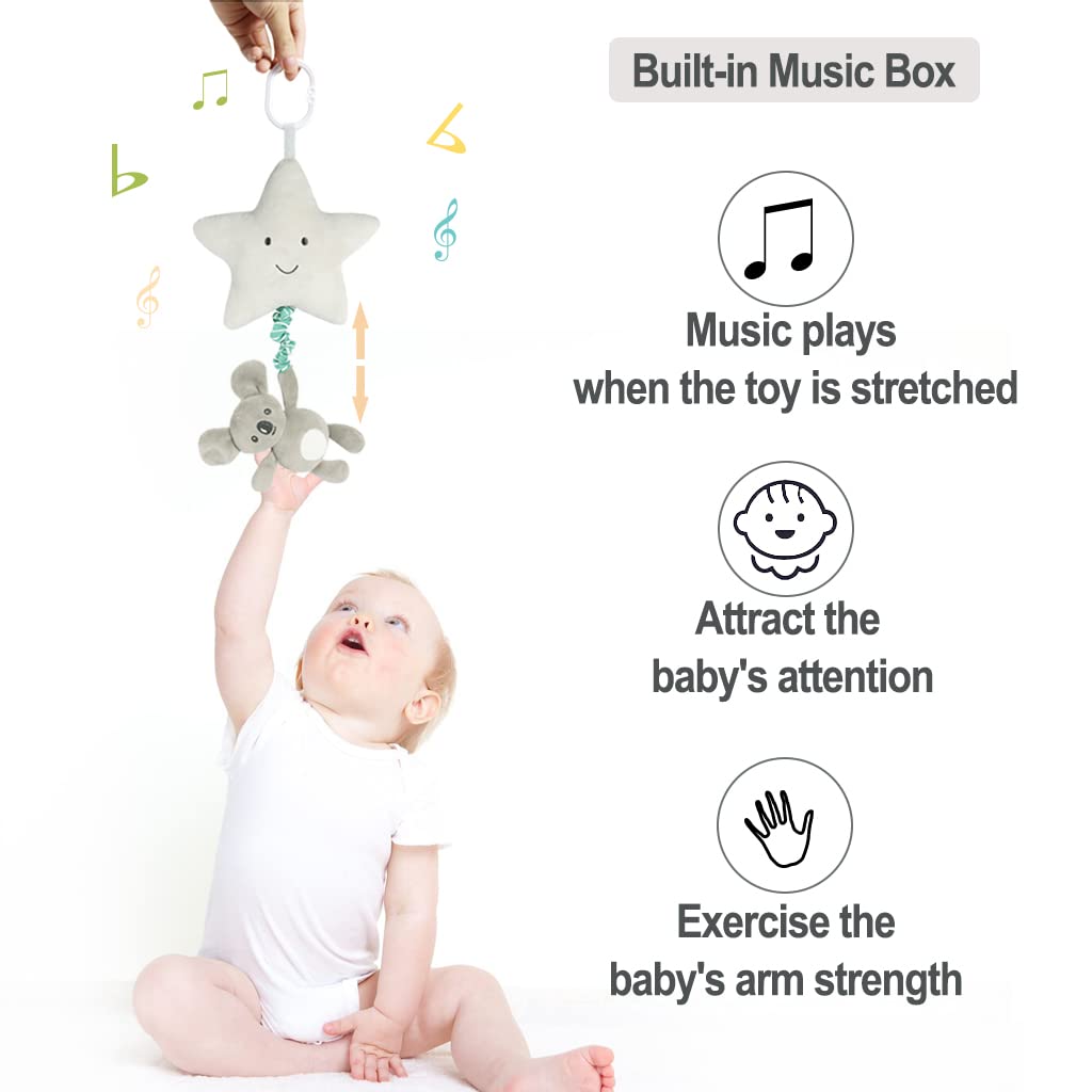 Blublu Park Baby Hanging Musical Toy With Music Box, Lullaby Pull Sensory for Babies Boys and Girls, Clip On Infant Pram Pushchair Cribs Strollers Car Seats, Star