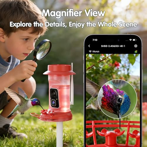 Humbirdy Hummingbird Feeder with Camera, 4K Ultra HD Video at 30fps, 10x Slow-Motion at 120fps,1.9in Closer Focus, No Subscription,Leak Proof, Ant Moat,Solar Powered, 2.4G&5G Wi-Fi,Bird Lover Gift