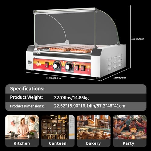 1670W Commercial Hot Dog Rollers,11 Rollers 30 Hotdog Roller Grill,Stainless Steel Hot Dog Machine with Dust Cover,Hot Dog Roller Machine with Dual Temp Control and Led Light (Red)