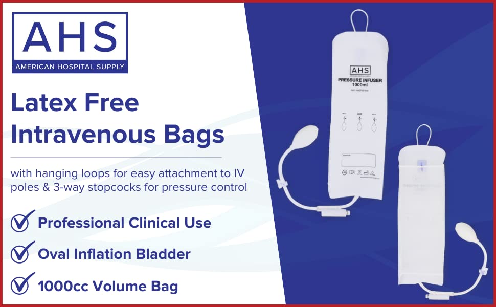 AHS American Hospital Supply Medical Pressure Infusion Bag 1000ml | IV Pole Infusion Sack with 3 Way Stopcock Smart Design and Easy to Use | Medical Supplies (Pack of 10)