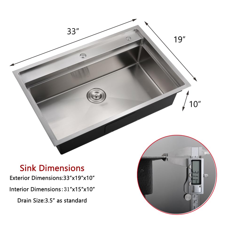 WMXQX 33 Inch Drop In Kitchen Sink Splash Guard Workstation, 33x19 Kitchen Sink Drop In Stainless Steel Top Mount Sinks 16 Gauge Rounded Corner Single Bowl 10" Deep Basin with Cutting Board