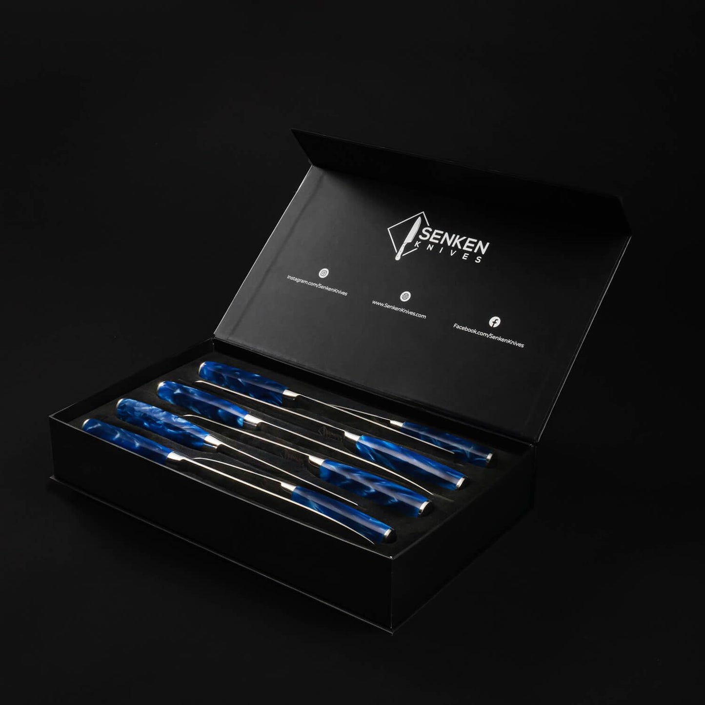 SENKEN 8-Piece Japanese Knife Set - Blue Resin Handle, Laser Damascus Blades - Chef's, Santoku, Bread & Paring Knives