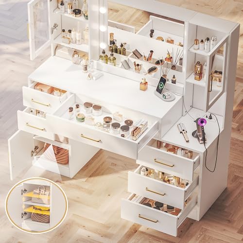 lertrugs Makeup Vanity Desk with Mirror and Lights, 51”Makeup Vanity Table with Lighted Mirror, Nightstand Dressing Table with Mirror and Lights, Big Vanity with 6 Drawers & Lots Storage Space White