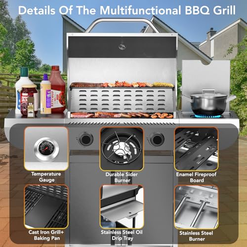 Electactic G41 Pro BBQ Grill,Heavy-Duty Stainless Steel Gas Grill, 4 Burner Gas Grill with Side Burner,42000 BTU Propane Grill for Outdoor Cooking,Barbecue,Garden and Patio Backyard