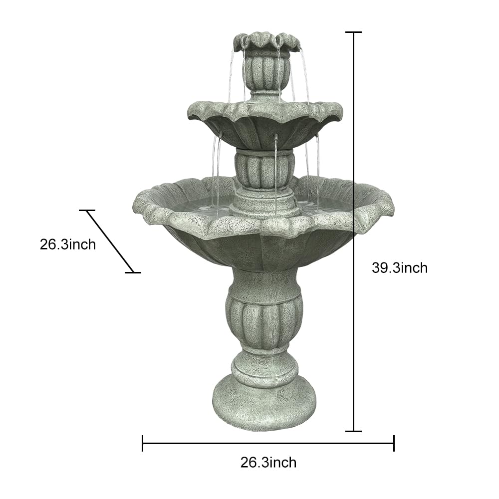 SunJet 39.3” High Modern Concrete Outdoor Water Fountain - 3 Tiered Large Floor Water Fountain and Waterfalls with Electric Pump for Garden, Patio, Yard, and Deck Decor, Featuring Natural Stone Look