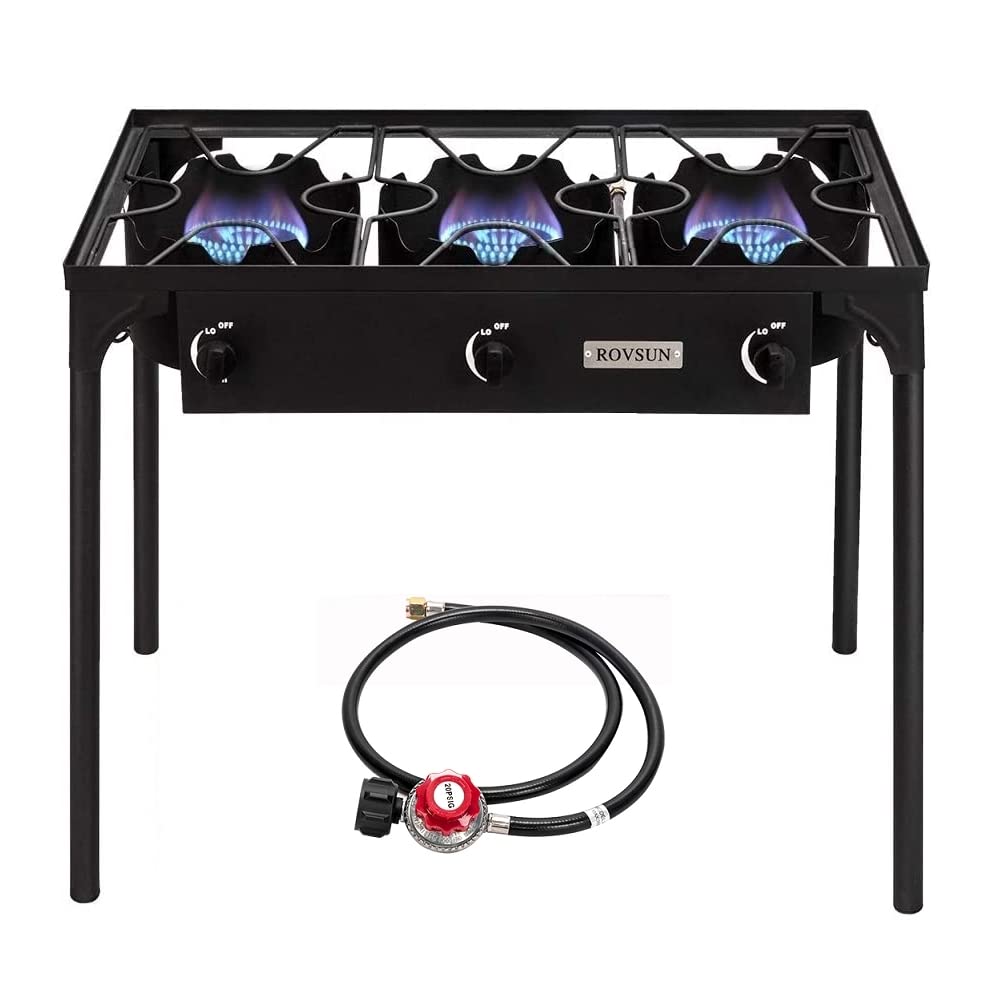 ROVSUN 3 Burner Outdoor Propane Gas Stove with Regulator, High Pressure 225,000 BTU Stand Cooker for Backyard Cooking Camping Home Brewing Canning Turkey Frying