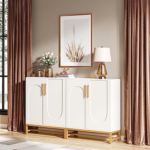 LITTLE TREE Modern Sideboard Buffet with Adjustable Shelf, 4 Doors Storage Cabinet with Faux Marble Top Metal Frame for Living Room Kitchen Dining Room Hallway, White Gold
