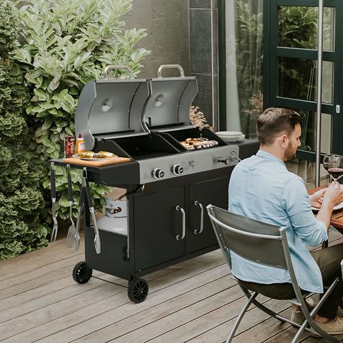 Royal Gourmet ZH3002N Propane Gas and Charcoal Grill Combo, Dual Fuel BBQ Grill with 2 Side Shelves for Outdoor Patio Garden Backyard Barbecue, 20,000 BTUs, Silver & Black