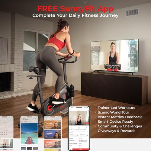 Sunny Health & Fitness ACTIVE Smart Cycling Exercise Bike, Magnetic Resistance Plus 4-Way Adjustable Cushion Seat, Home Stationary Training Equipment, Free SunnyFit App Bluetooth Link – SF-B124066