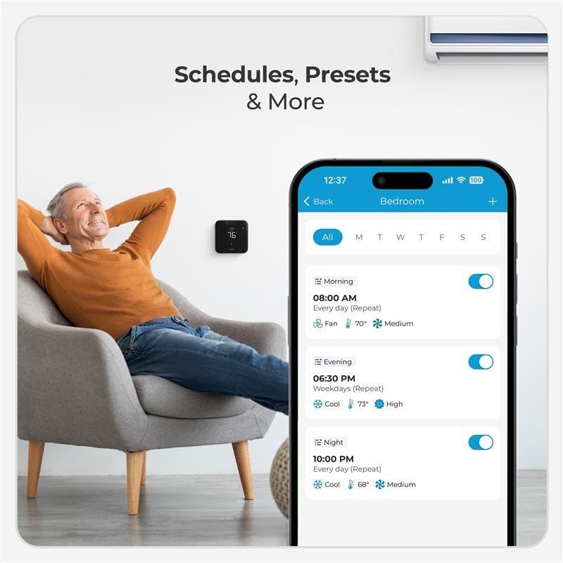 Breez Max | AHR Product of The Year Smart AC Controller | WiFi Thermostat for Mini-Split, Window, Portable AC/Heat Pump | AI-Based Tech | Free App, No Subscription | Alexa, Google, IFTTT etc. (Black)