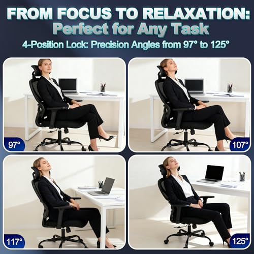 MALOL Ergonomic Office Chair with Adjustable Headrest & 3D Armrests, High Back Mesh Desk Chair with Lumbar Support, Reclining Lock 97°-125°, Swivel Computer Task Chair for Home Office, 300 LBS