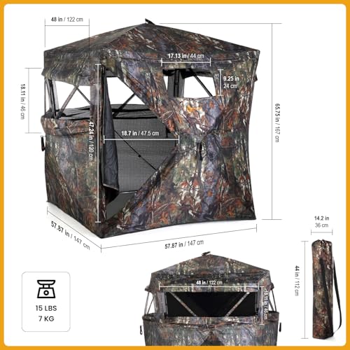 Arrowhead Outdoor 270° Vision 4.8x4.8 Ft Pop-up 2-3 Person See-Through Hunting Stealth Deer Blind Shelter w/Magnetic Door, Sliding Windows and Backpack Carry Bag, Noise-Free Camouflage Design