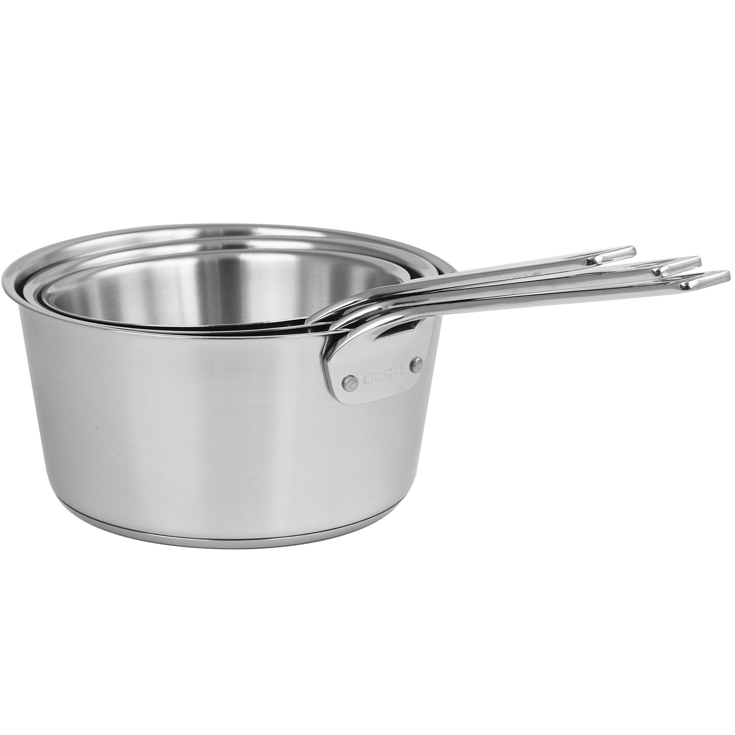 Cristel 1826 Collection 3-Piece Saucepan Set, Made in France, 18/10 Stainless Steel, 3-Ply Construction, Double Riveted Fixed Handle, Oven and Dishwasher Safe