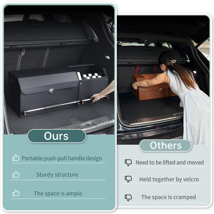 XCF Car Trunk Organizer, Collapsible Leather Car Trunk Storage Organizer with Lid and Sturdy Handle Car Organizer and Storage for SUV, Truck, Sedan (Black, 36.2 x 11.4 x 12.2in)
