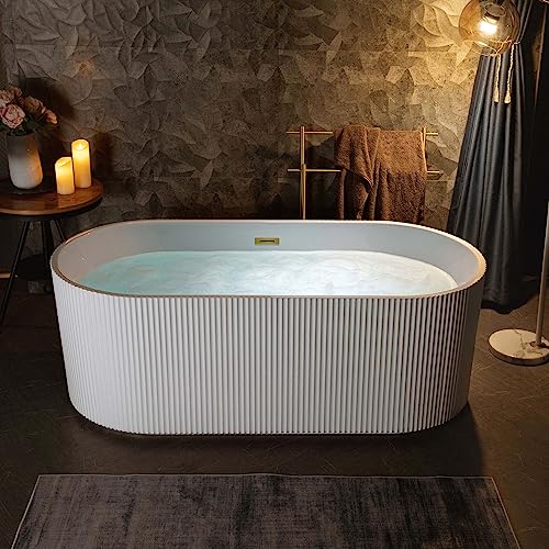 WOODBRIDGE 67" L x 31-1/2" W Freestanding Contemporary Soaking Bathtub,Unique Pleated Design,with Brushed Gold Pop-Up Drain Drain and Overflow Option, White,B1526-BG