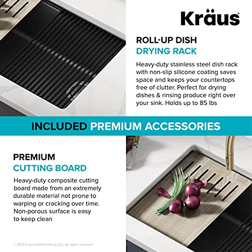 KRAUS Bellucci 30” in. Undermount Workstation Granite Kitchen Sink in Metallic Black with Accessories, KGUW2-30MBL