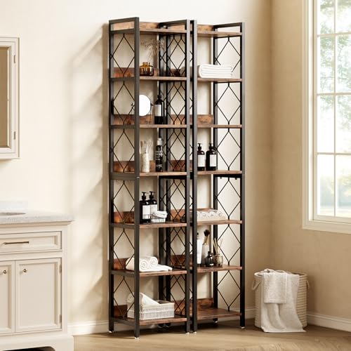 LITTLE TREE Book Shelf Set of 2, 7-Tier Tall Bookcase, Wooden Display Shelves with Metal Frame for Living Room, Modern Narrow Standing Bookshelves for Bedroom, Brown Office Shelf for Small Spaces