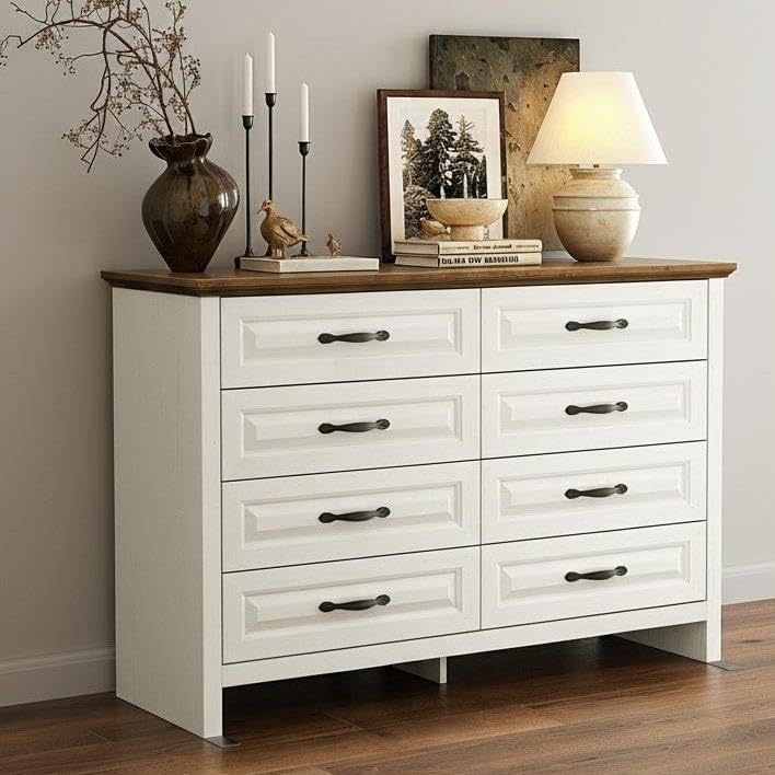Marsail Farmhouse 8 Drawer Dresser, Wood Chest of Drawers with Natural Texture, Smooth Gliding Drawers, Versatile Storage Organizer Cabinet for Bedroom & Living Room, White and Brown