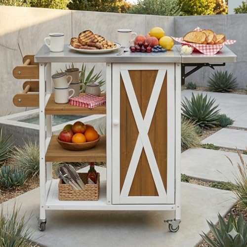 Casaphoria Outdoor Grill Cart with Folding Stainless Steel Tabletop,40" x 15" Rolling BBQ Prep Station & Kitchen Island, Wood Garden Table with Storage Cabinet and Towel Rack,White