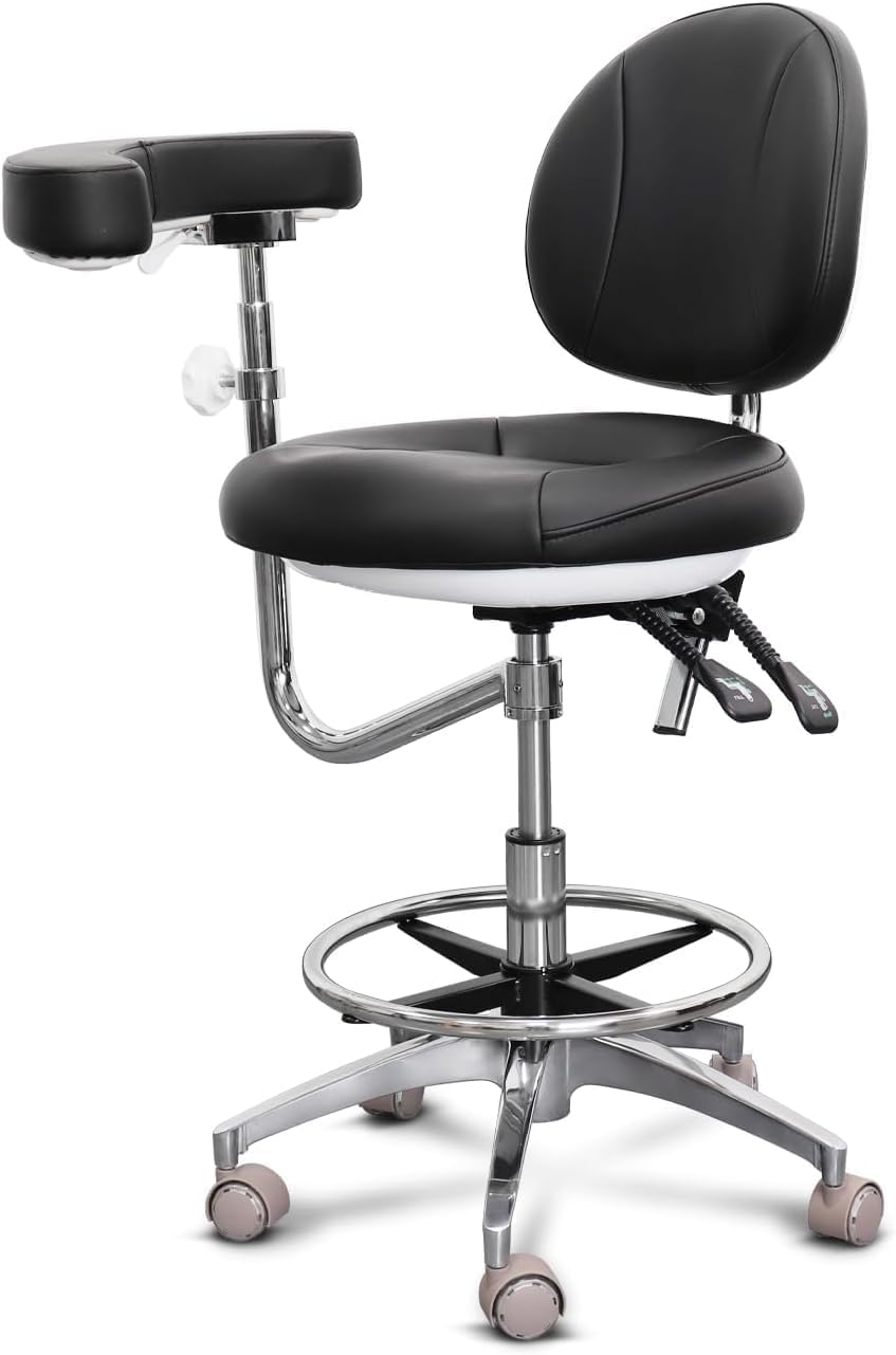 Medical Dental Assistant Chair with Rotatable Armrest Rolling Medical Chair Ergonomic Swivel Seating Back Support Dentist Stool for Clinics, Dental Offices, Labs-Black