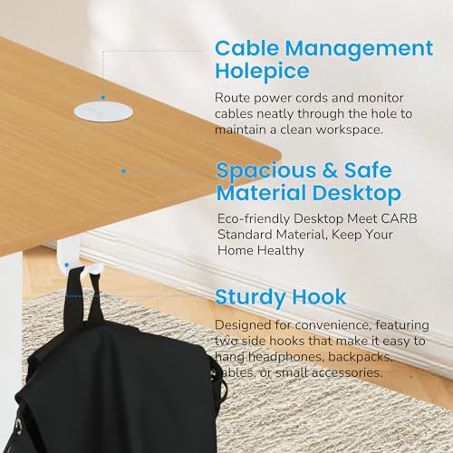 Hexago 63 x 24 Inch Electric Standing Desk, Adjustable Sit Stand Desk with Splice Board, 3 Memory Presets, Dual Hooks, T-Leg Frame – Oak