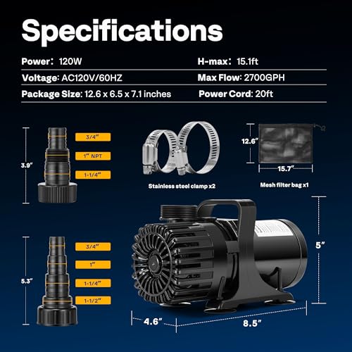 VIVOHOME Bio Pressure Pond Filter with 13W Light, Flow 2380GPH for Koi Ponds up to 800 Gallons with VIVOHOME 120W 2700GPH Submersible Water Pump with 180° Adjustable Water Outlet, 15.1ft High Lift