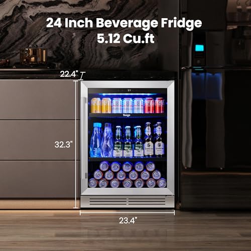 Yeego 24 Inch Beverage Refrigerator – 180 Can Built-In Under Counter Drink Fridge with Glass Door, 34–54°F Cooling for Beer, Soda & Wine (Right-Hinged)