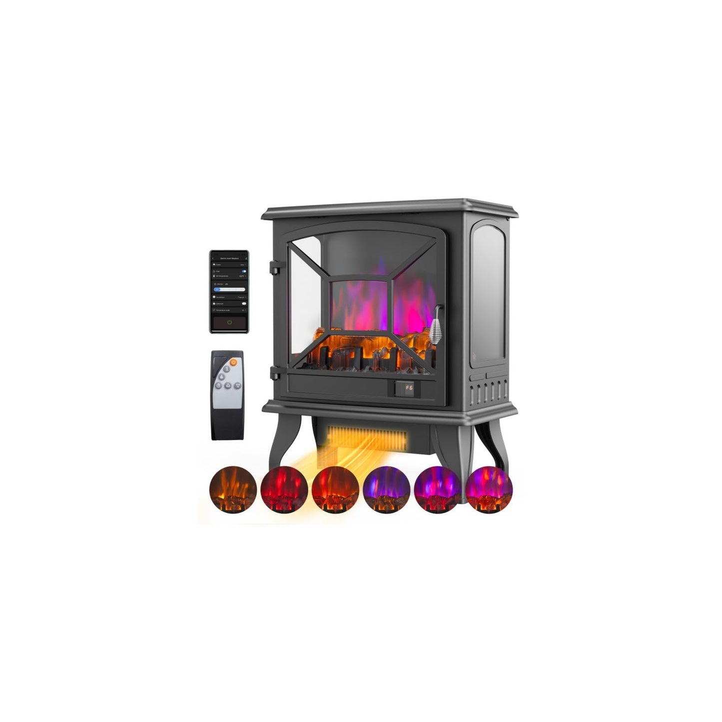 ROVSUN Electric Fireplace Stove, 23''H Freestanding Heater with Realistic Flame Effect, APP & Remote Control, Timer, Adjustable Temp, Overheat & Tip-Over Protection for Bedroom Living Room, 1400W