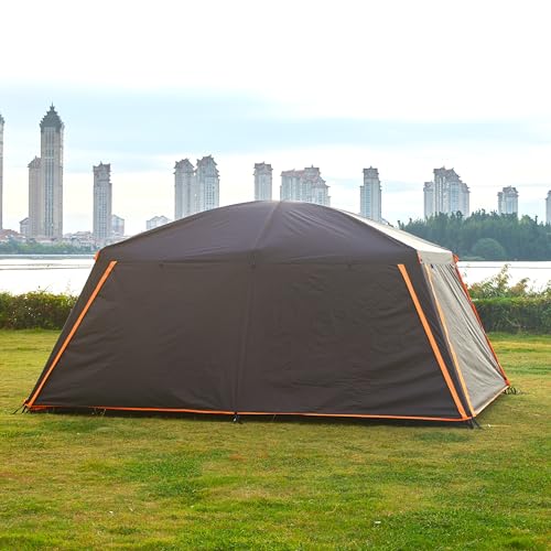 KTT Extra Large Tent 12 Person(A),Awning Family Cabin Tents,2 Rooms,4 Doors and 4 Windows with Mesh,Straight Wall,Waterproof,Double Layer,Big Tent for Outdoor,Picnic,Camping,Family Gathering(Brown)