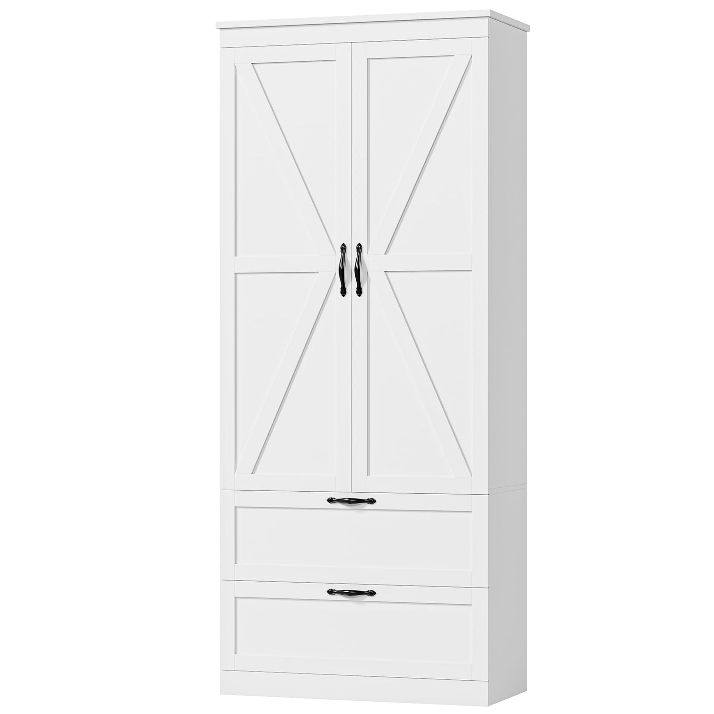 HOSTACK 70" Tall Kitchen Pantry Storage, Barn Doors Pantry Cabinet with Drawers and Adjustable Shelf, Modern Farmhouse Storage Cabinet for Kitchen, Dining Room, Living Room, Bathroom, White