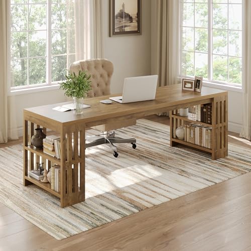 LITTLE TREE 78.7" Long Desk, 2 Person Desk with Shelves, Large Wooden Computer Desk, Heavy Duty Shelf Legs Design for Two Person Home Office, Business, Workstation, Natural (78.7" W x 23.6" D)