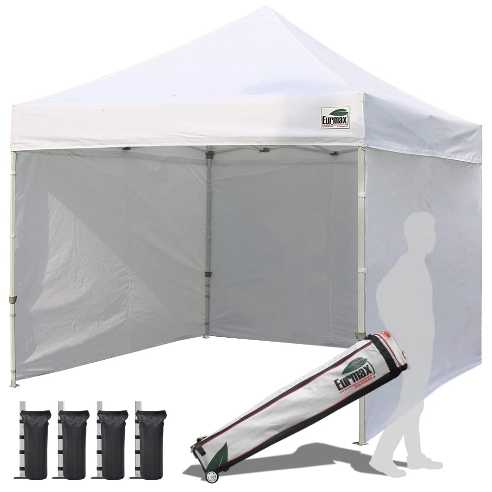 Eurmax USA 10'x10' Pop-up Canopy Tent Commercial Instant Canopies with 4 Removable Zipper End Side Walls and Roller Bag, Bonus 4 SandBags(White)