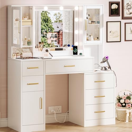 lertrugs Makeup Vanity Desk with Mirror and Lights, 51”Makeup Vanity Table with Lighted Mirror, Nightstand Dressing Table with Mirror and Lights, Big Vanity with 6 Drawers & Lots Storage Space White