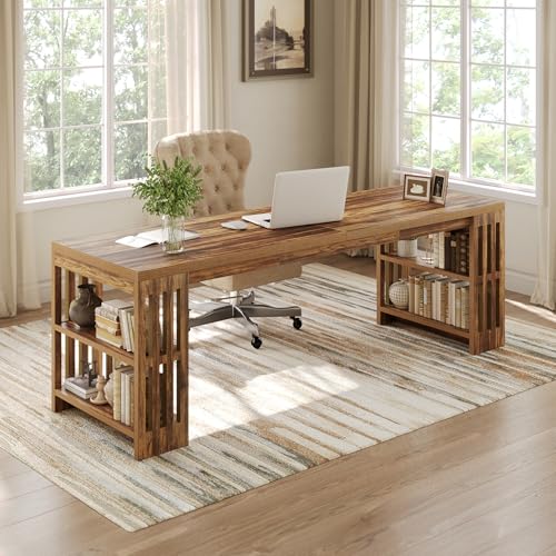 LITTLE TREE 78.7" Long Desk, 2 Person Desk with Shelves, Large Wooden Computer Desk, Heavy Duty Shelf Legs Design for Two Person Home Office, Business, Workstation, Brown (78.7" W x 23.6" D)