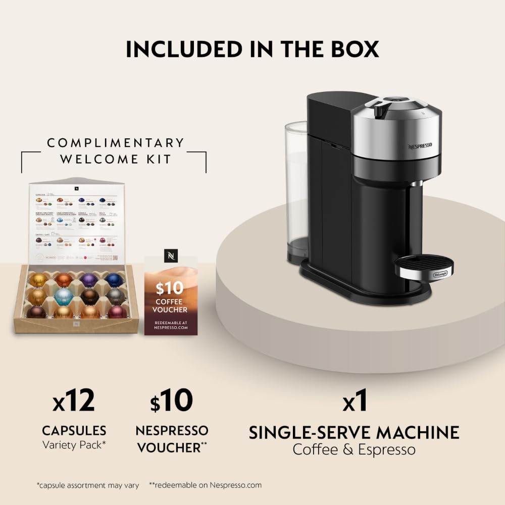 Nespresso Vertuo Next Deluxe Coffee and Espresso Machine by De'Longhi, Chrome